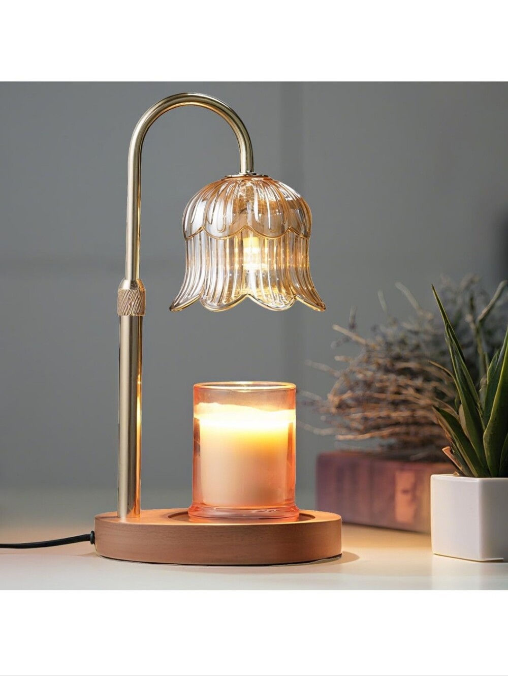 Amber Glass Flower Candle Warmer Lamp with Wood Base - Unbranded